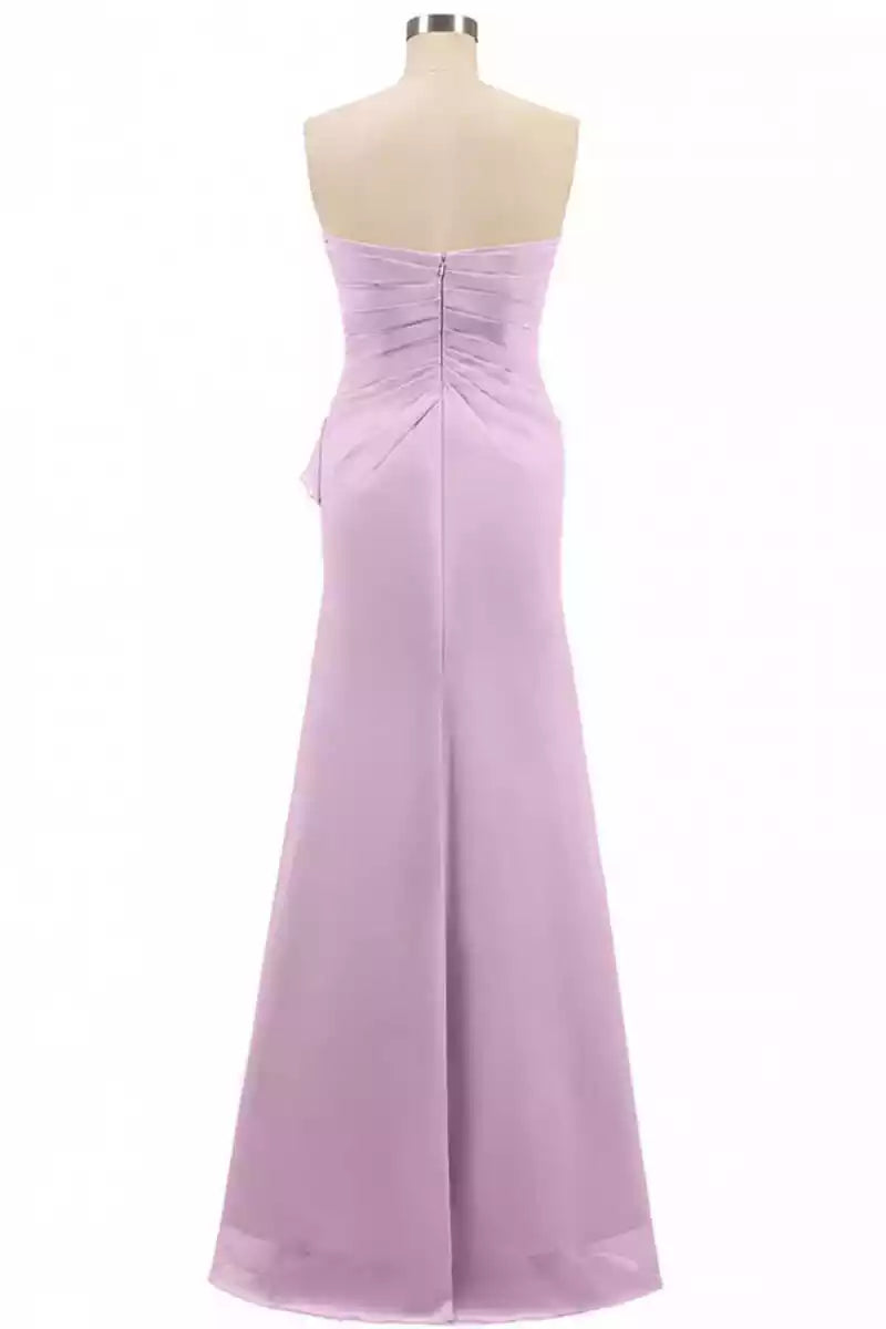 Elegant Lavender Satin Gown with Strapless Neckline & Ruffled Side Detail
