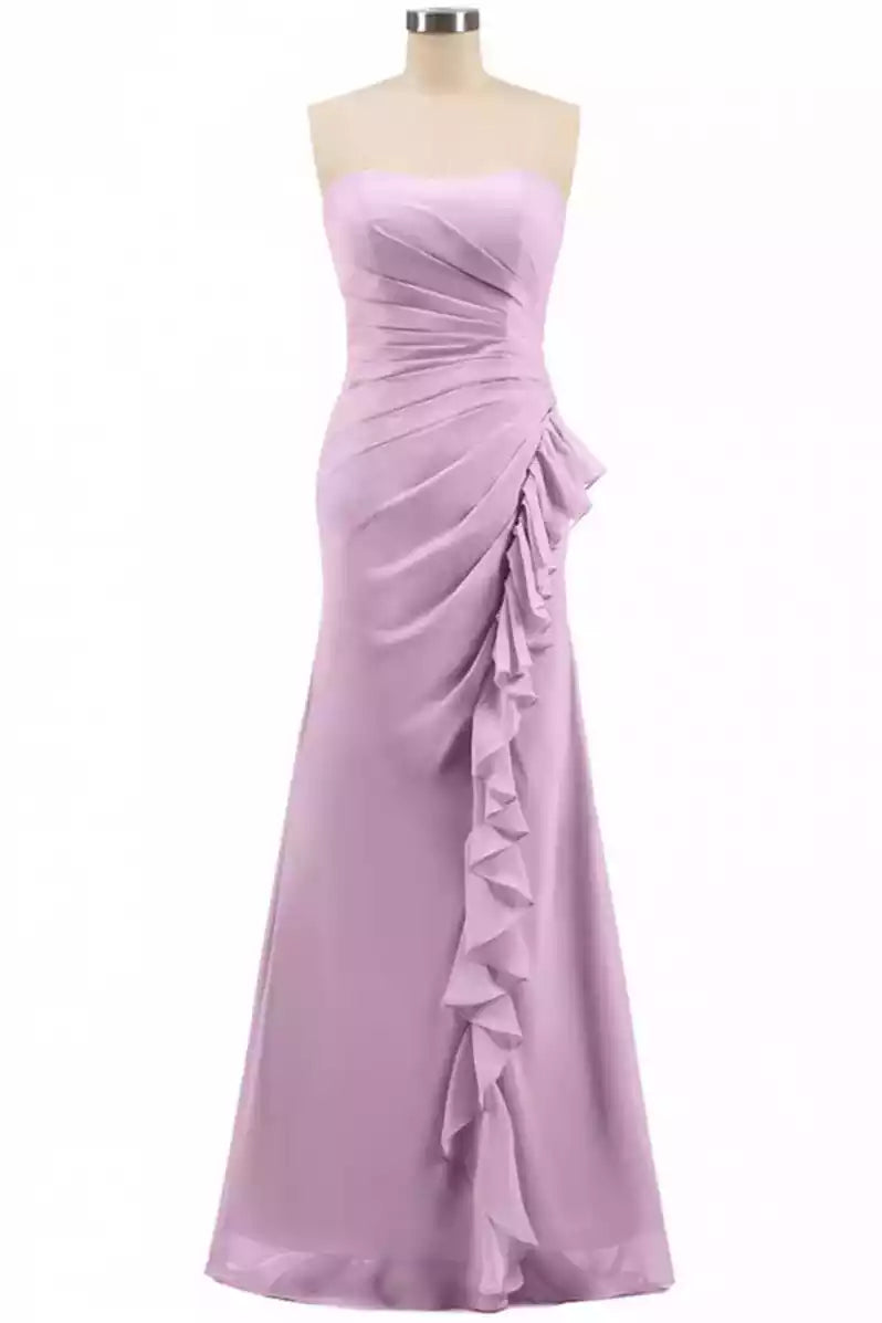 Elegant Lavender Satin Gown with Strapless Neckline & Ruffled Side Detail