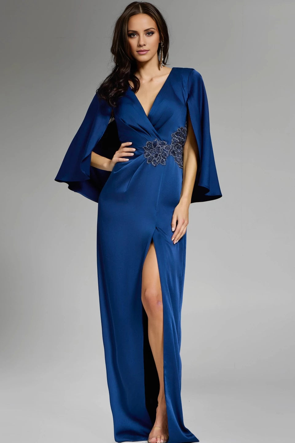 Elegant Long Gown with Cape Sleeves and Embellished Waist