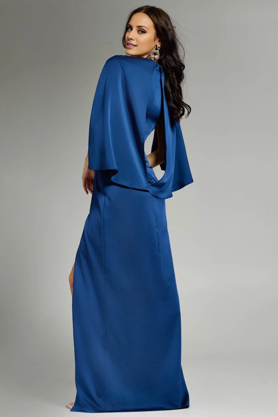 Elegant Long Gown with Cape Sleeves and Embellished Waist