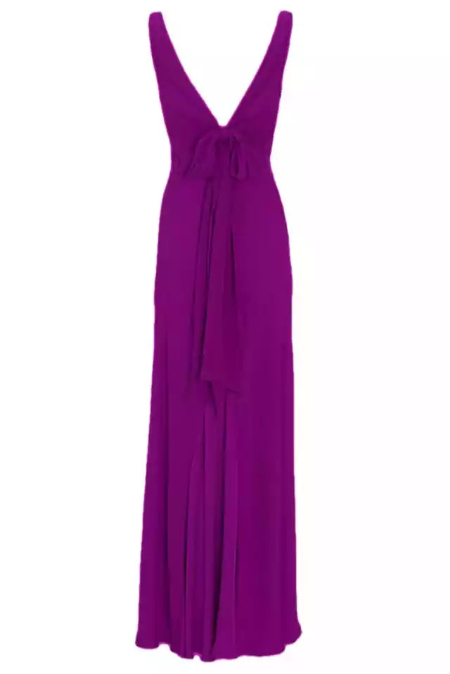 Elegant Magenta Chiffon Gown with Plunging V-Neck & Waist Tie Detail