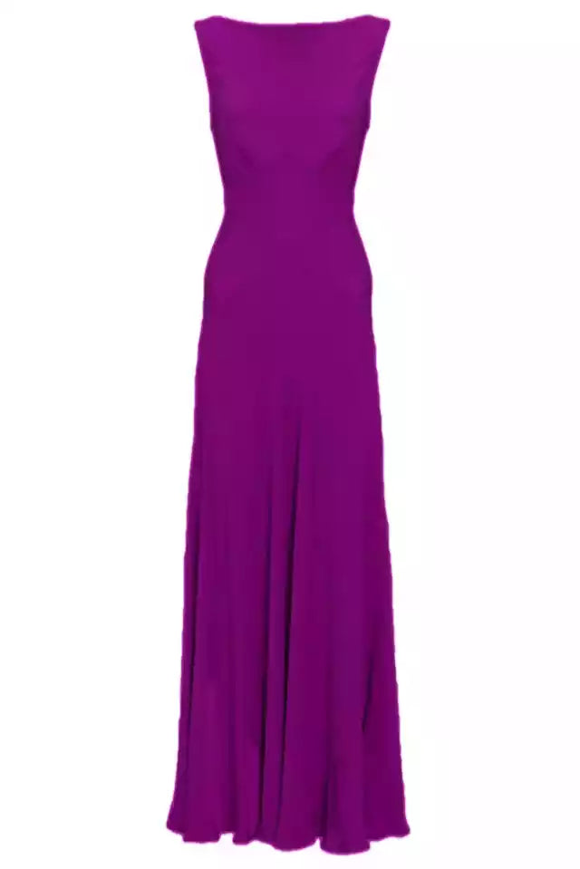 Elegant Magenta Chiffon Gown with Plunging V-Neck & Waist Tie Detail