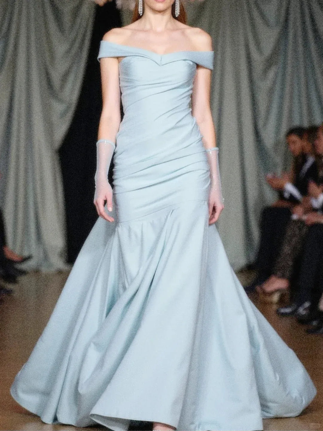 Elegant Mermaid Off-The-Shoulder Ruched Sky-Blue Satin Gown