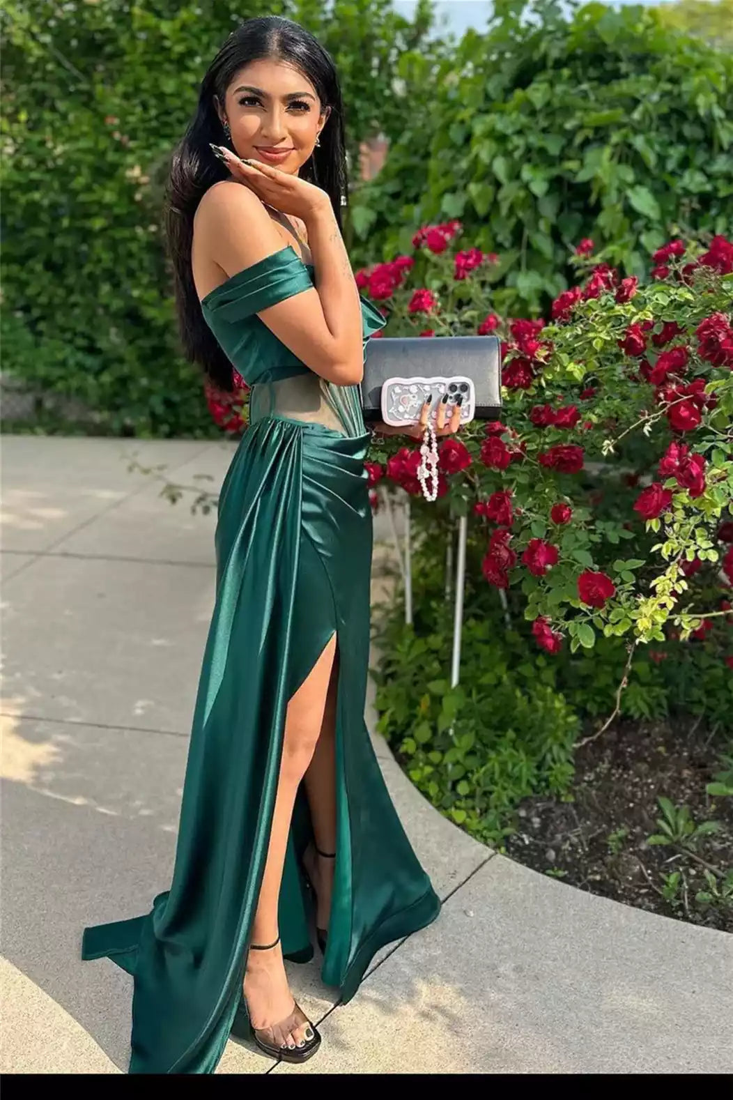Elegant Mermaid Off-the-Shoulder Sheer-Bodice Slit Floor-Length Formal Gown