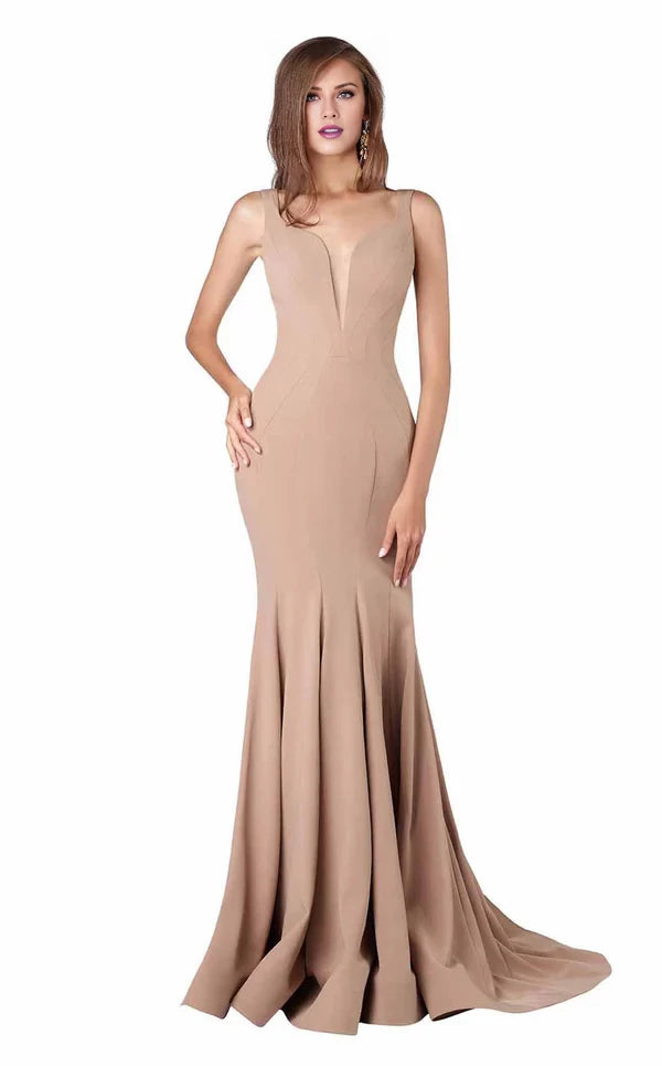 Elegant Mermaid V Neck Spaghetti Straps Back Zip Brush Train Evening Dress