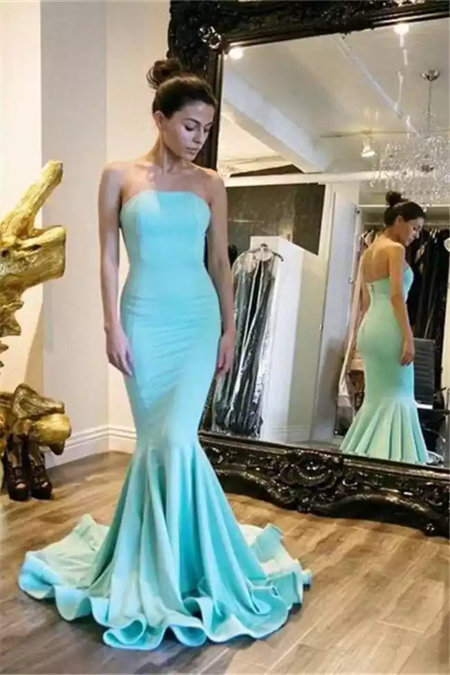 Elegant Mint Green Strapless Gown with Ruffled Mermaid Silhouette