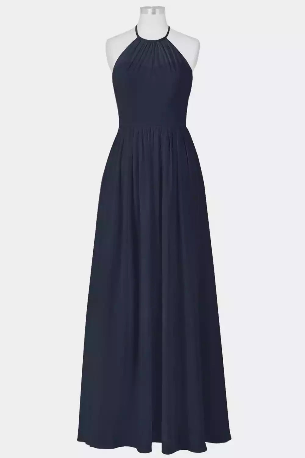 Elegant Navy Blue Chiffon Gown with Crisscross Halter Back & Pleated Skirt