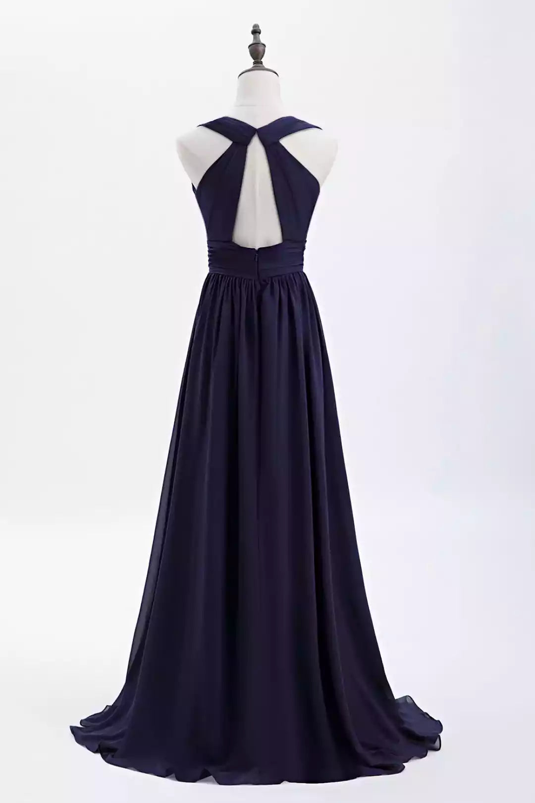 Elegant Navy Blue Chiffon Gown with Cross-Back Halter & Deep V-Bodice