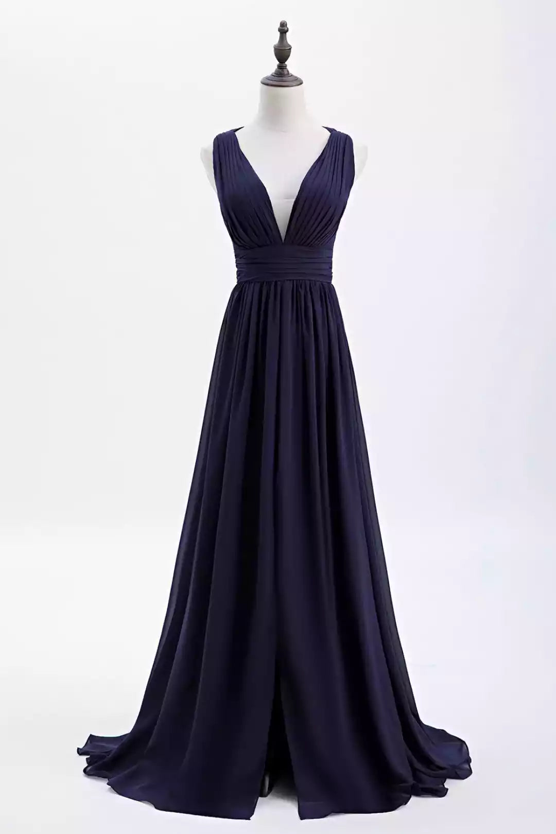 Elegant Navy Blue Chiffon Gown with Cross-Back Halter & Deep V-Bodice