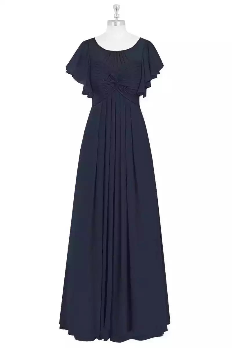 Elegant Navy Blue Chiffon Gown with Flutter Sleeves & Ruched Bodice