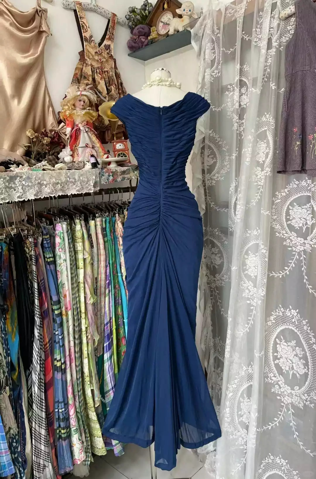 Elegant Navy Blue Ruched Chiffon Gown with Off-the-Shoulder Neckline