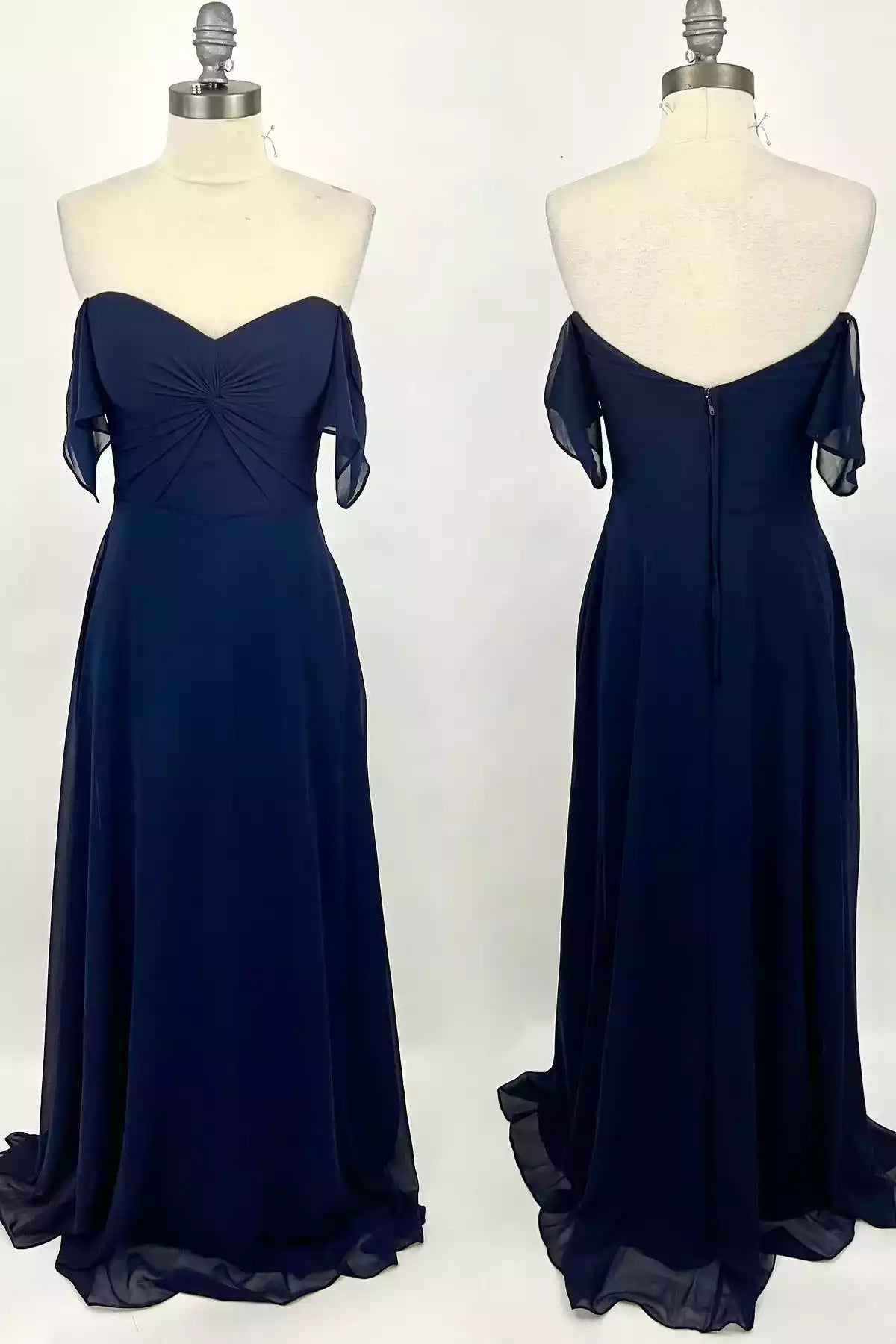 Elegant Navy Chiffon Gown with Off-the-Shoulder Sweetheart Neck & Flutter Sleeves