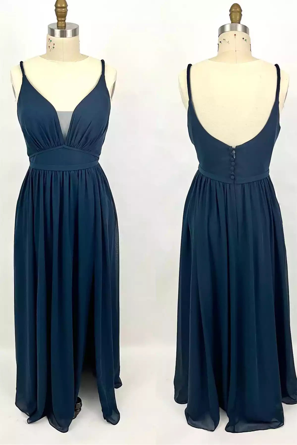Elegant Navy Chiffon Gown with Plunging V-Neck & Button-Accent Back