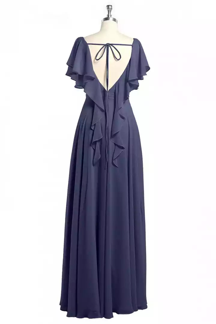 Elegant Navy Chiffon Gown with Ruffle Flutter Sleeves & Tie-Back Open Back