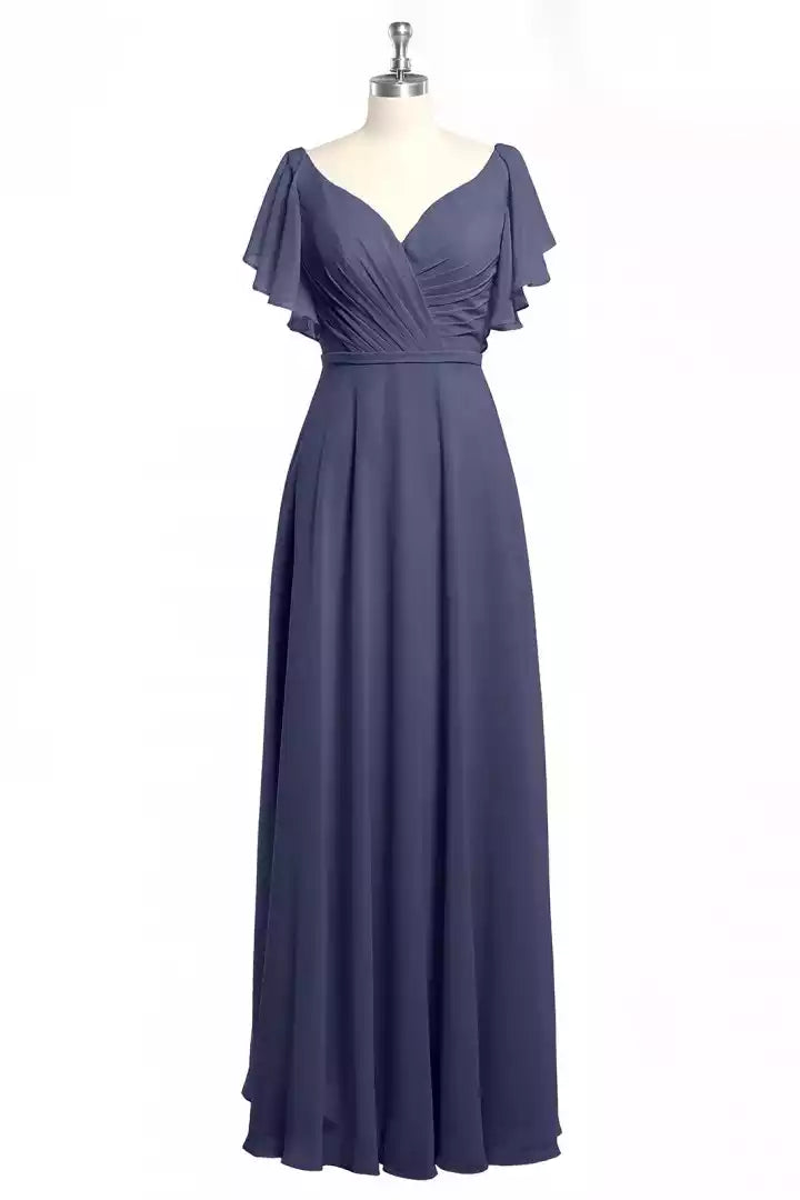 Elegant Navy Chiffon Gown with Ruffle Flutter Sleeves & Tie-Back Open Back