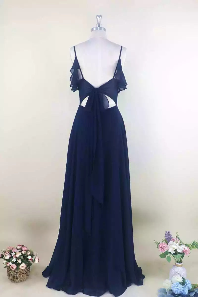 Elegant Navy Chiffon Gown with Ruffled Flutter Straps & Tie-Back Keyhole