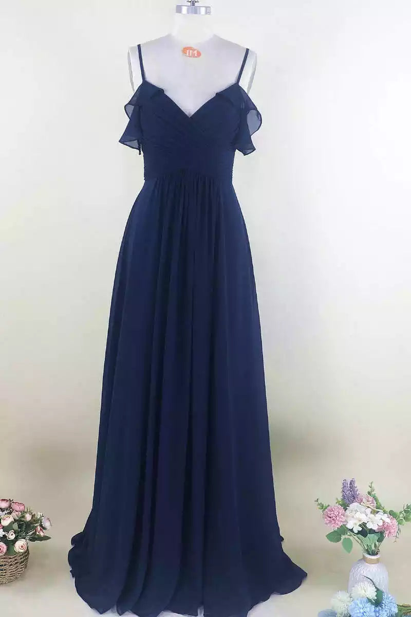 Elegant Navy Chiffon Gown with Ruffled Flutter Straps & Tie-Back Keyhole