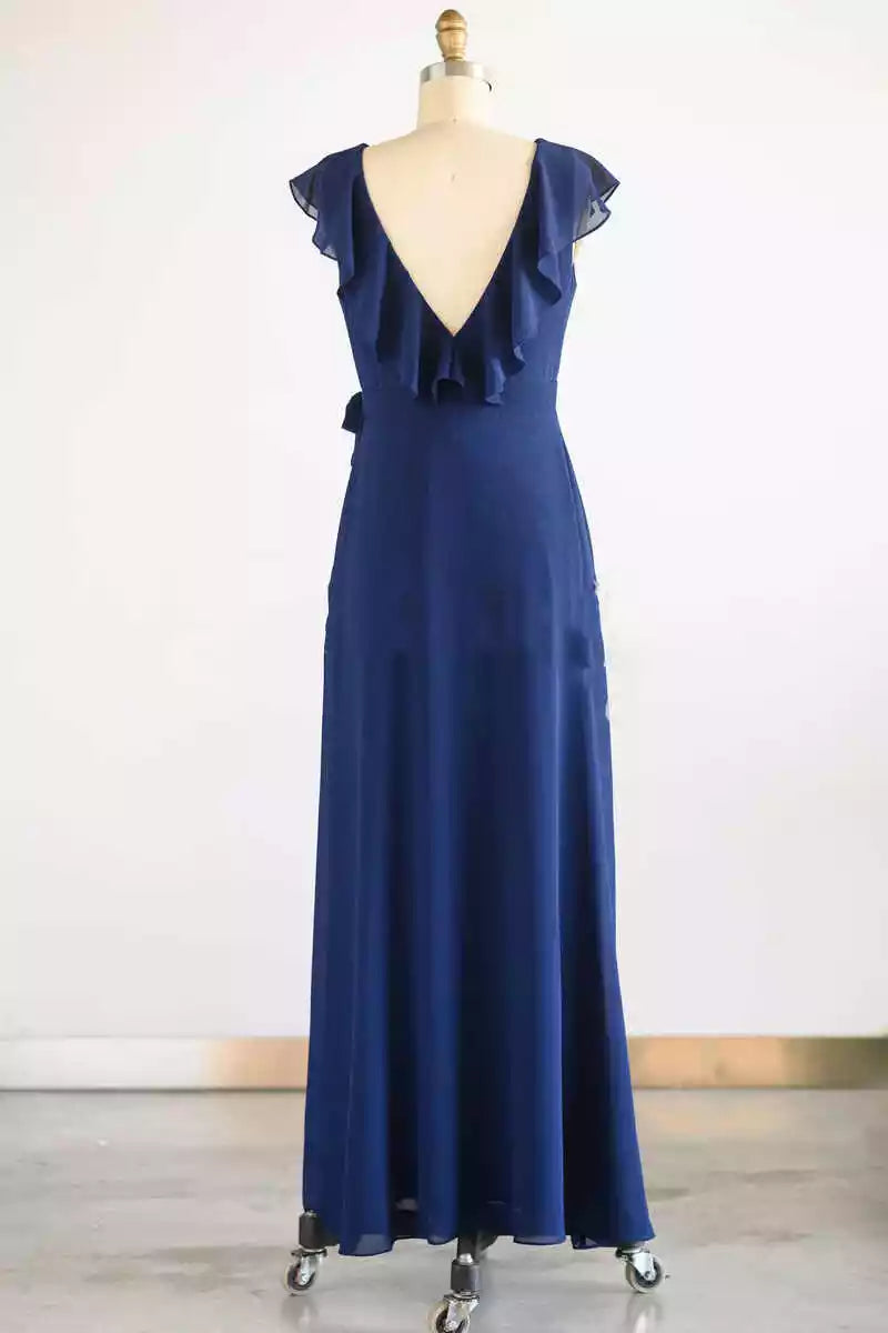 Elegant Navy Chiffon Gown with Ruffled V-Neck & Open Back