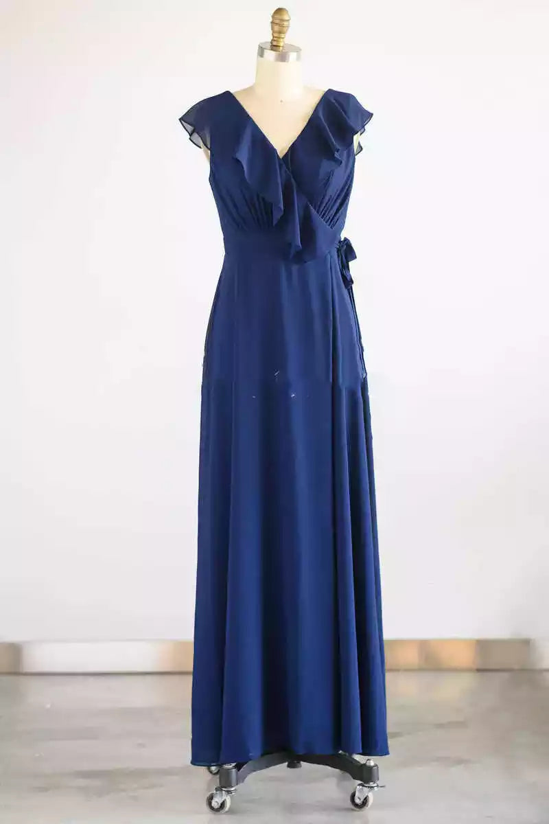 Elegant Navy Chiffon Gown with Ruffled V-Neck & Open Back