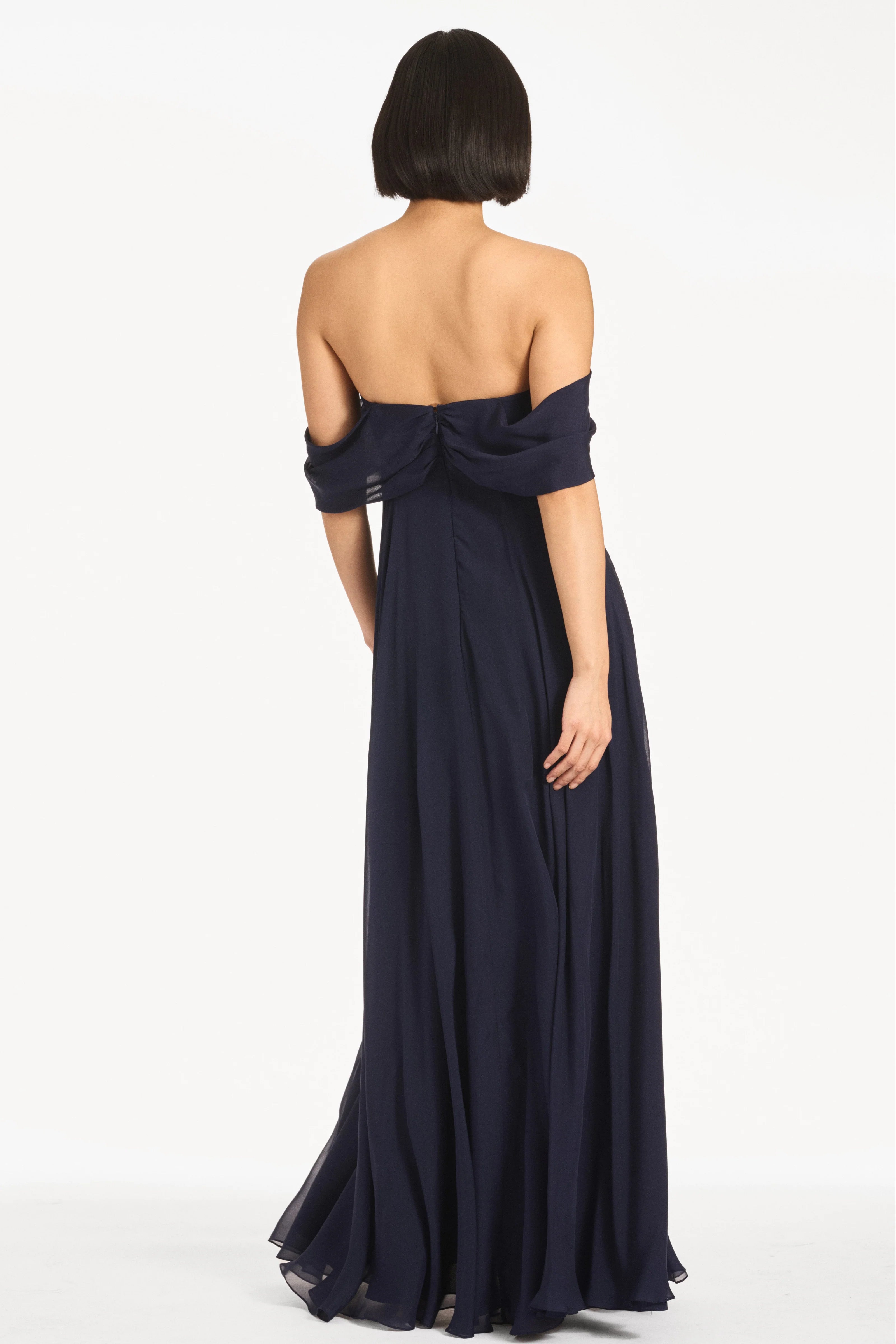 Elegant Navy Chiffon Mother of the Bride Dresses with Off-the-Shoulder Neck, Beaded Floral Detail and Flowing A-Line Silhouette