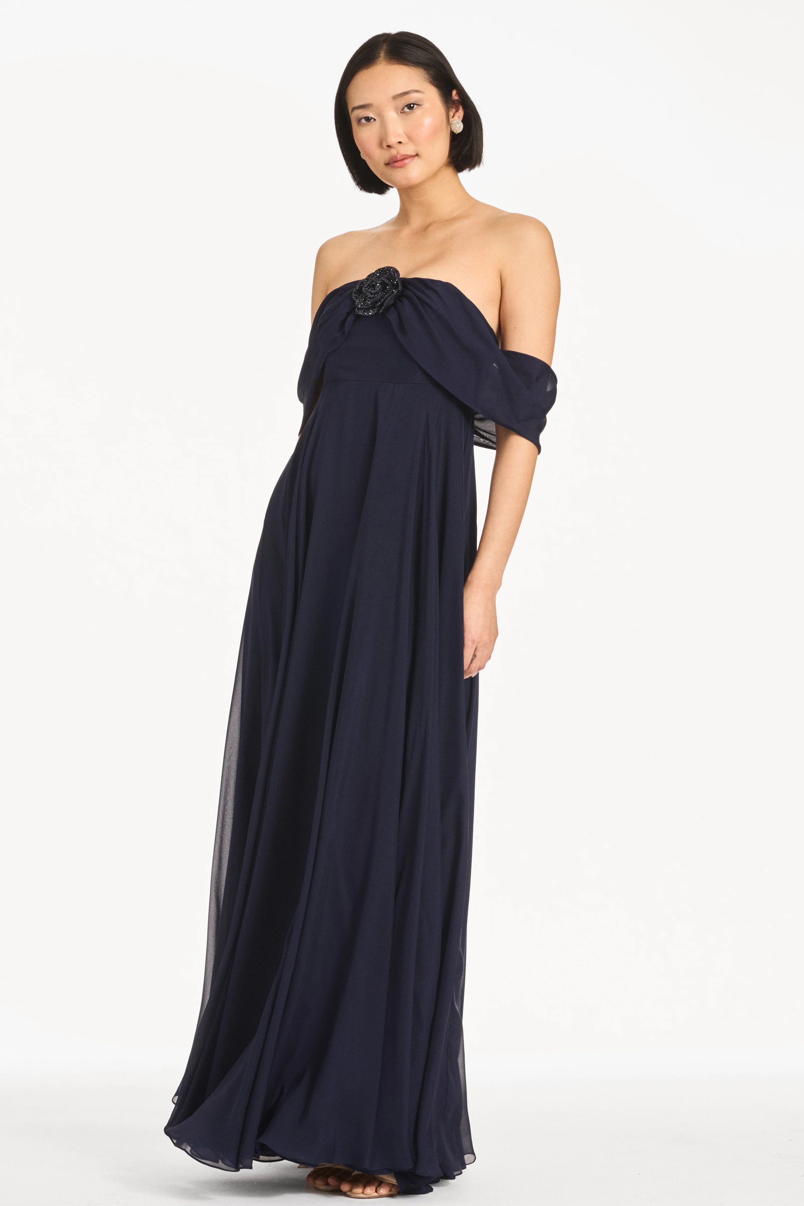 Elegant Navy Chiffon Mother of the Bride Dresses with Off-the-Shoulder Neck, Beaded Floral Detail and Flowing A-Line Silhouette