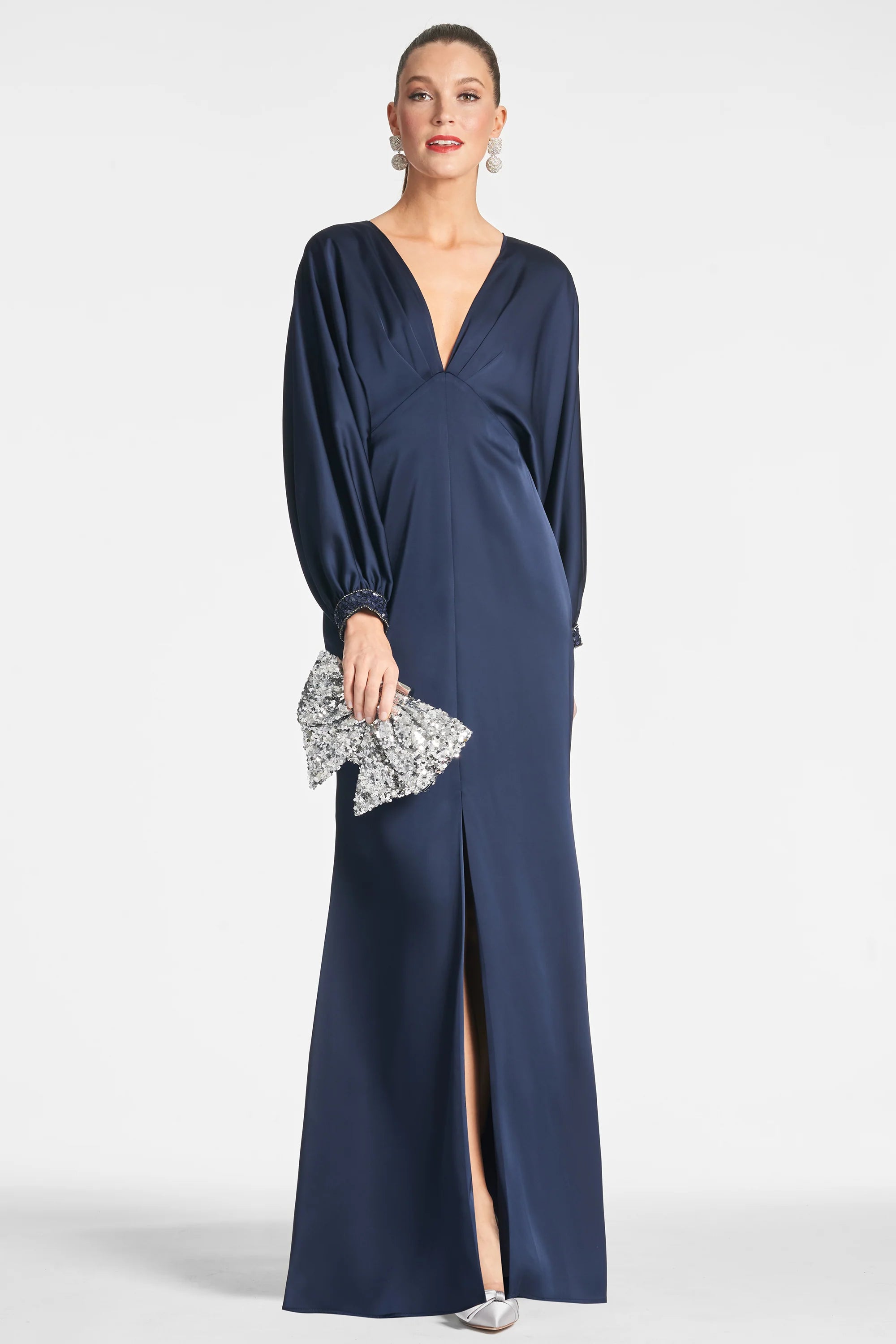 Elegant Navy Satin Mother of the Bride Dresses with V-Neck, Beaded Balloon Sleeves and High Slit
