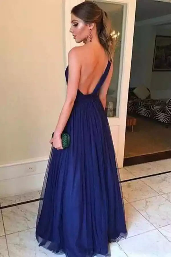 Elegant Navy Tulle One-Shoulder Gown with Open Back
