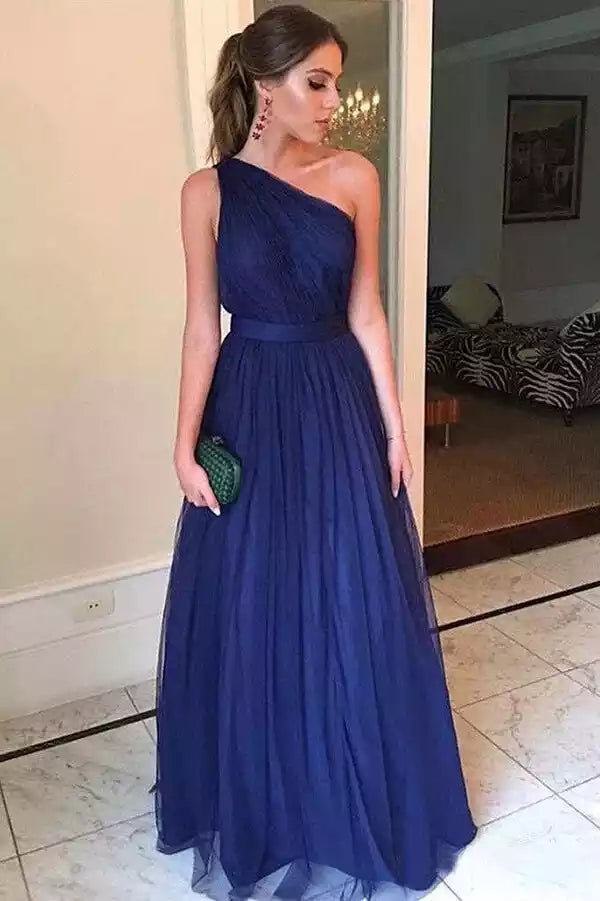 Elegant Navy Tulle One-Shoulder Gown with Open Back