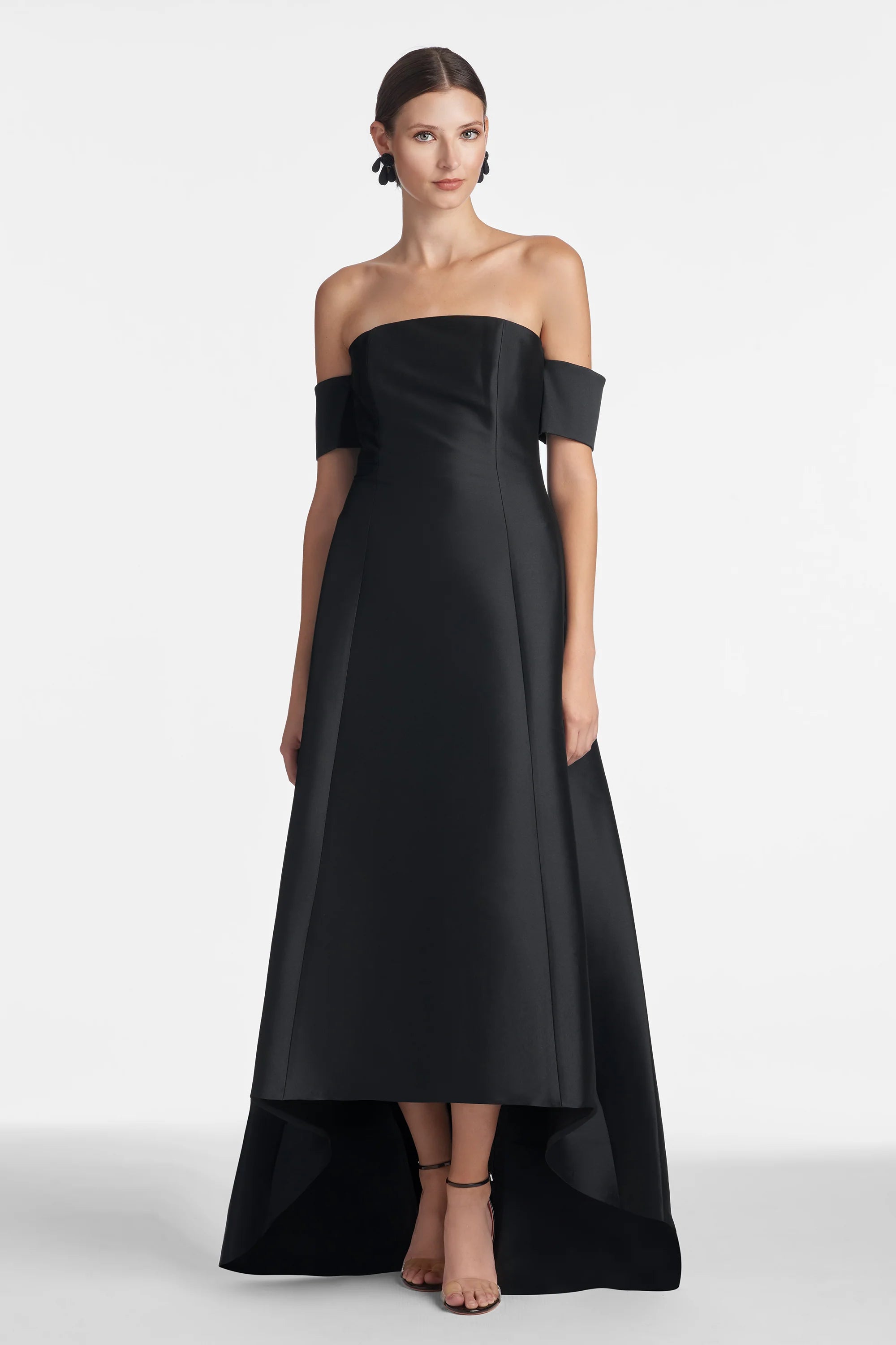 Elegant Navy & Black Satin Mother of the Bride Dresses with Off-the-Shoulder Neck, Short Sleeves and High-Low Hem