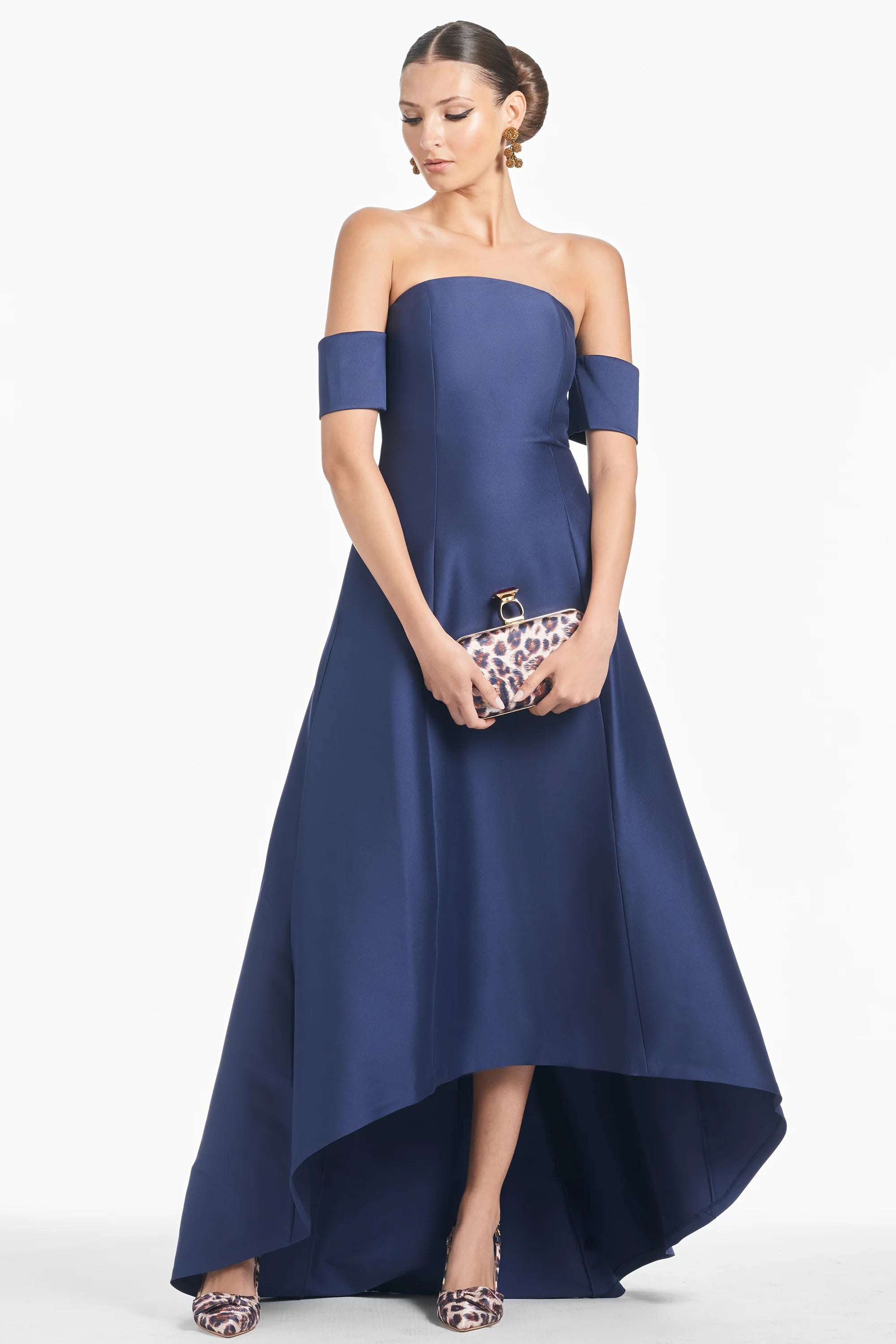 Elegant Navy & Black Satin Mother of the Bride Dresses with Off-the-Shoulder Neck, Short Sleeves and High-Low Hem