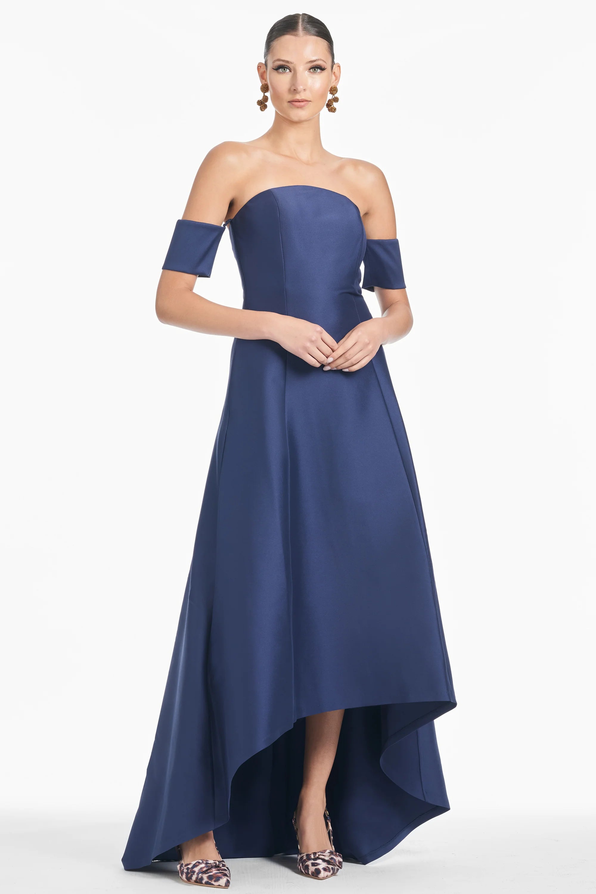 Elegant Navy & Black Satin Mother of the Bride Dresses with Off-the-Shoulder Neck, Short Sleeves and High-Low Hem