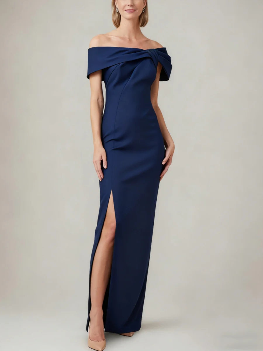 Elegant Off-Shoulder Bow Back Crepe Mermaid Evening Dress with High Side Slit