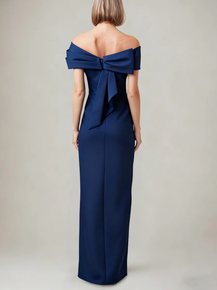 Elegant Off-Shoulder Bow Back Crepe Mermaid Evening Dress with High Side Slit