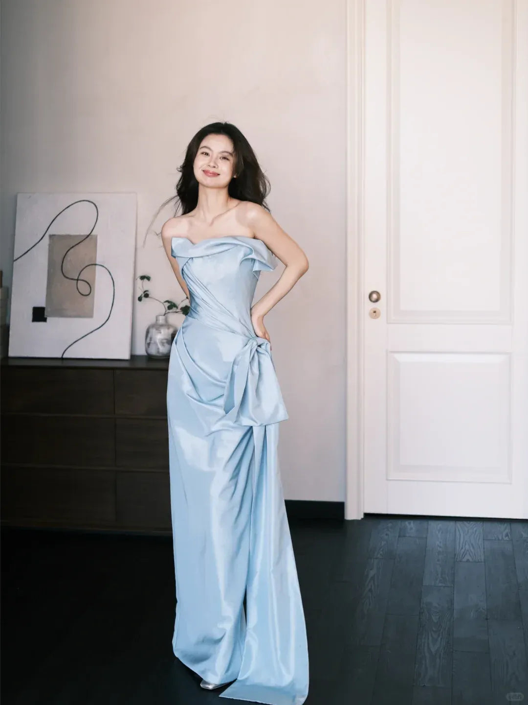 Elegant Off-The-Shoulder Draped Sash Sky Blue Satin Gown