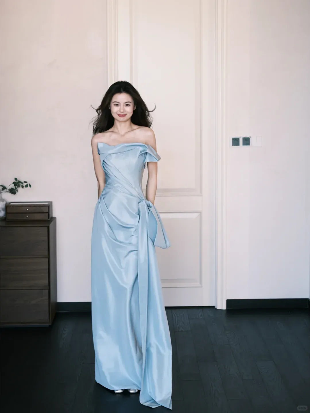 Elegant Off-The-Shoulder Draped Sash Sky Blue Satin Gown