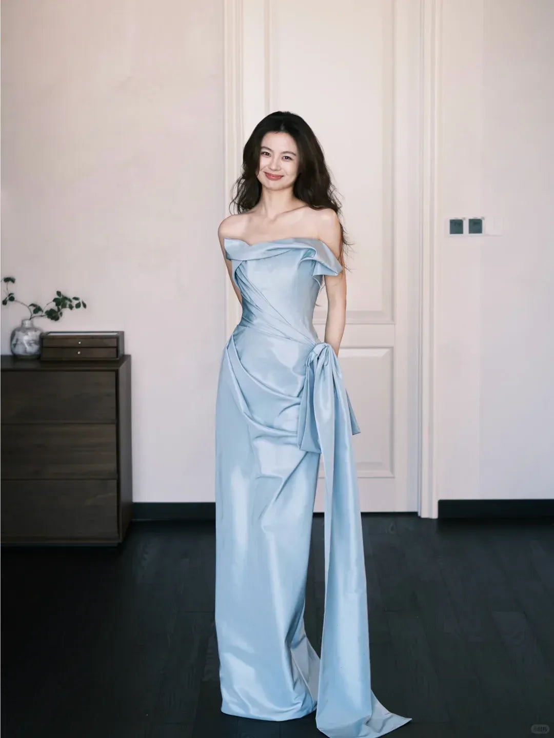 Elegant Off-The-Shoulder Draped Sash Sky Blue Satin Gown