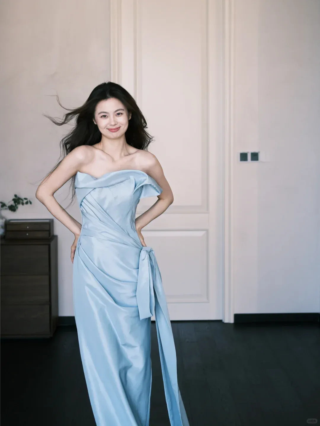 Elegant Off-The-Shoulder Draped Sash Sky Blue Satin Gown