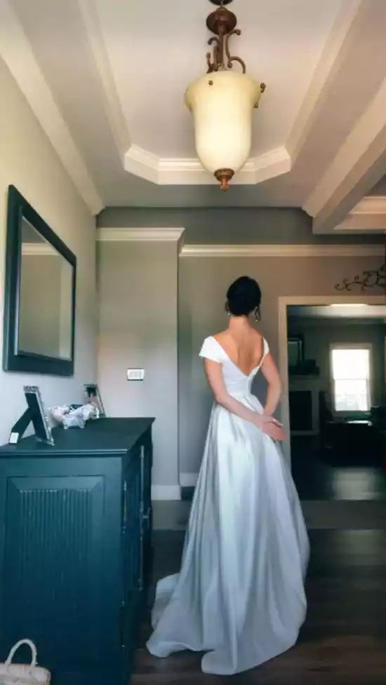 Elegant Pale Blue Satin Ballgown with Square Neck & Deep V-Back