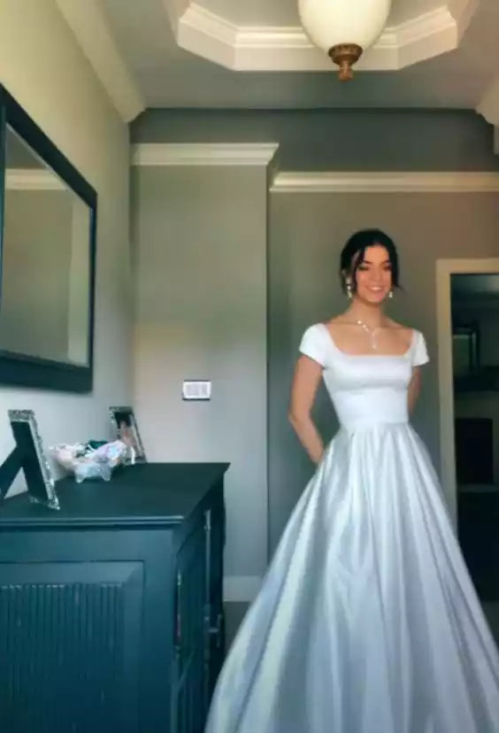 Elegant Pale Blue Satin Ballgown with Square Neck & Deep V-Back