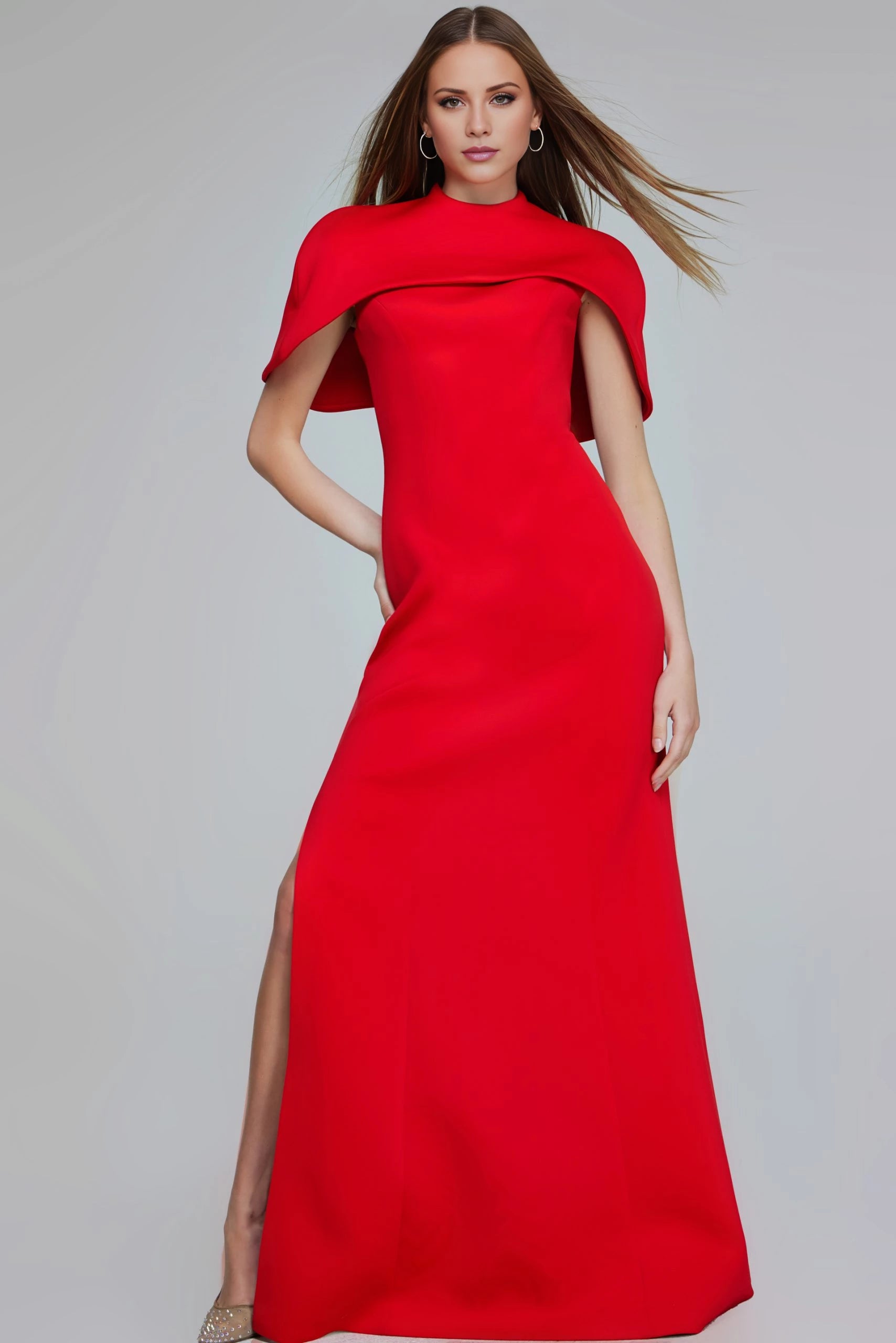 Elegant Red Evening Gown with Cape Detail Evening Dresses