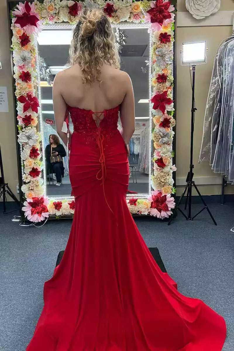 Elegant Red Mermaid Gown with Beaded Bodice & Crisscross Back