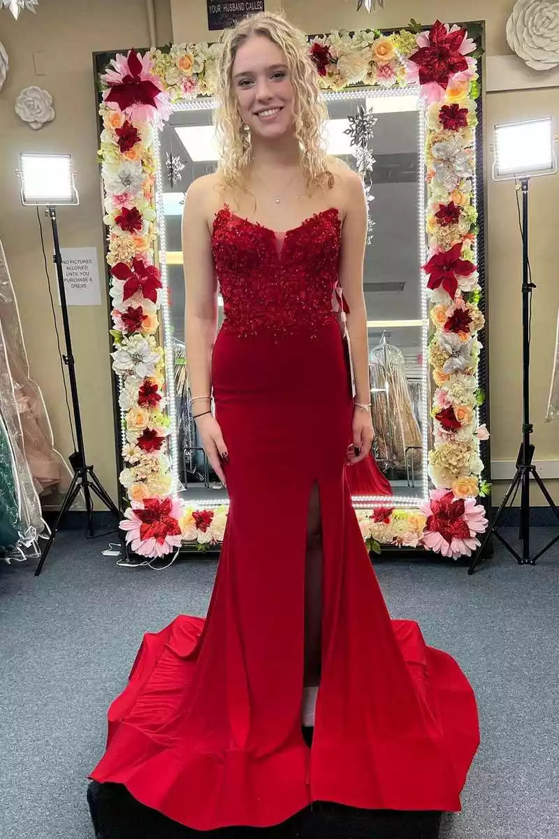 Elegant Red Mermaid Gown with Beaded Bodice & Crisscross Back