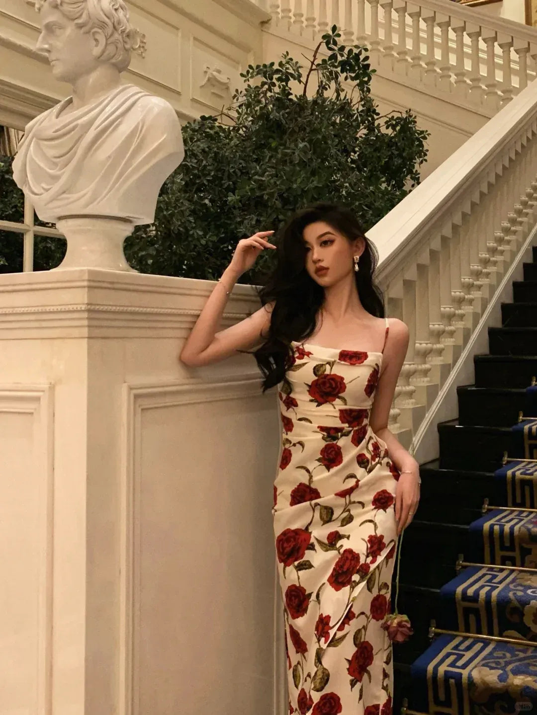 Elegant Red Rose Print Ivory Satin Spaghetti Strap Midi Dress