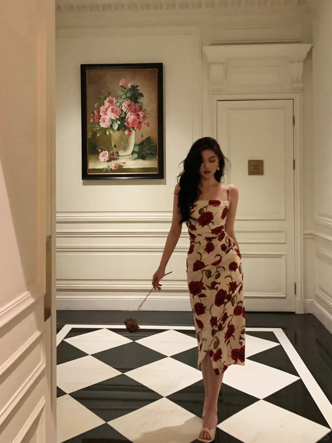 Elegant Red Rose Print Ivory Satin Spaghetti Strap Midi Dress