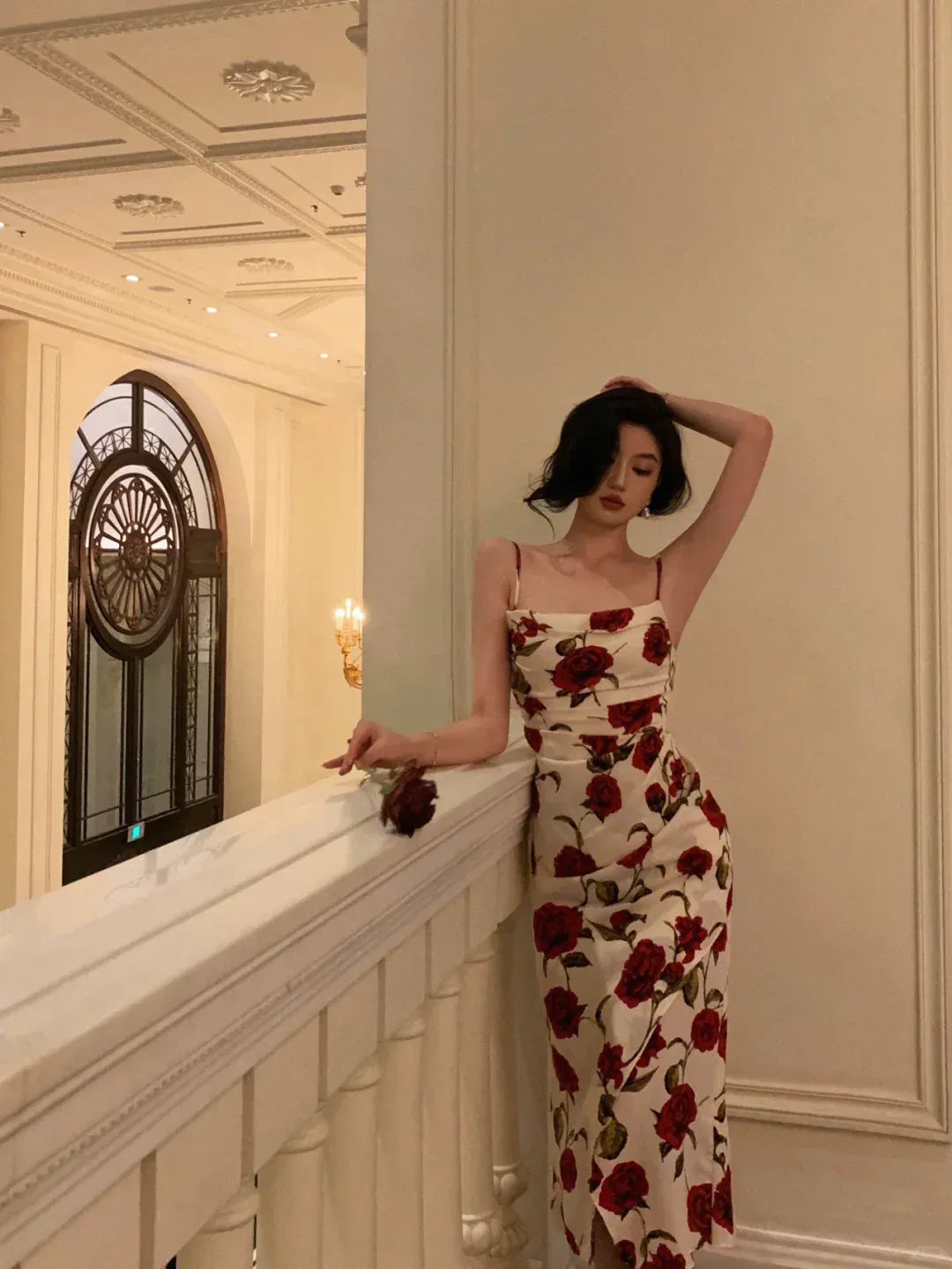 Elegant Red Rose Print Ivory Satin Spaghetti Strap Midi Dress