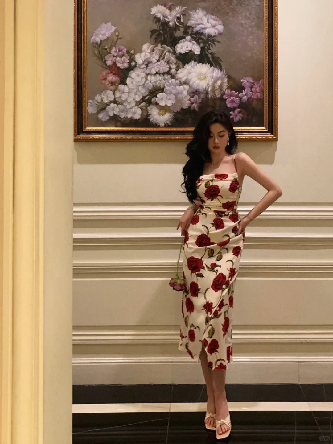 Elegant Red Rose Print Ivory Satin Spaghetti Strap Midi Dress