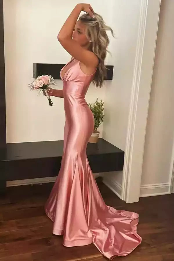 Elegant Rose Pink Satin Mermaid Gown with Deep V-Neck & Trailing Train