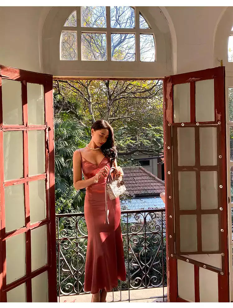 Elegant Rosewood Satin Mermaid Gown with Plunging V-Neck & Cross-Back Straps
