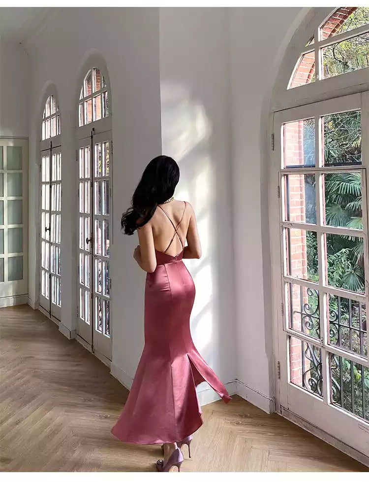 Elegant Rosewood Satin Mermaid Gown with Plunging V-Neck & Cross-Back Straps