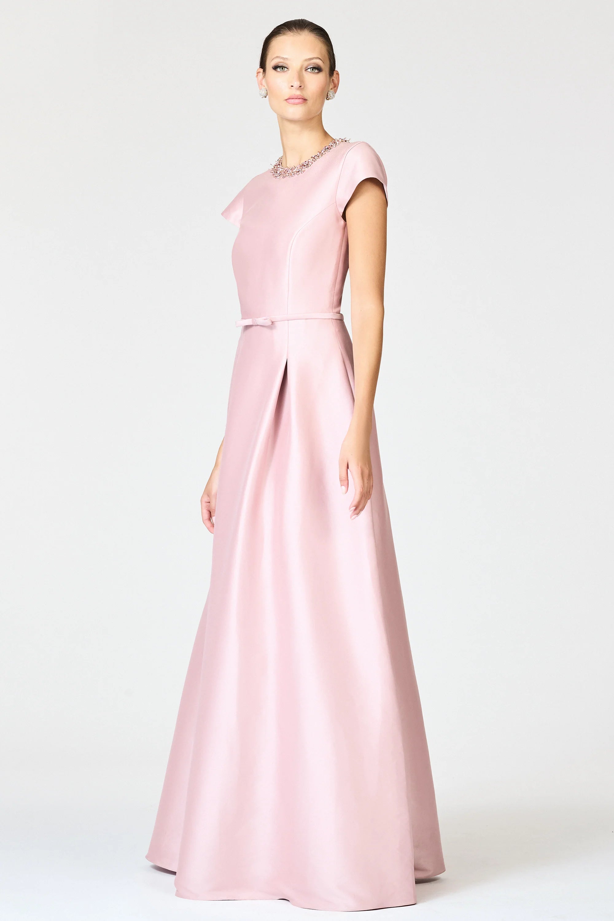 Elegant Round Neck Mother of the Bride Dresses with Beaded Neckline Detail, Cap Sleeves, Bow Belt Accent and Flowing Satin A-Line Maxi Silhouette Formal Gown